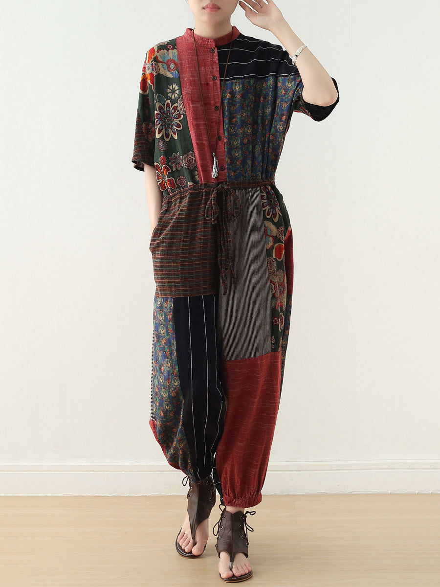 Summer Patchwock Drawstring Linen Jumpsuits