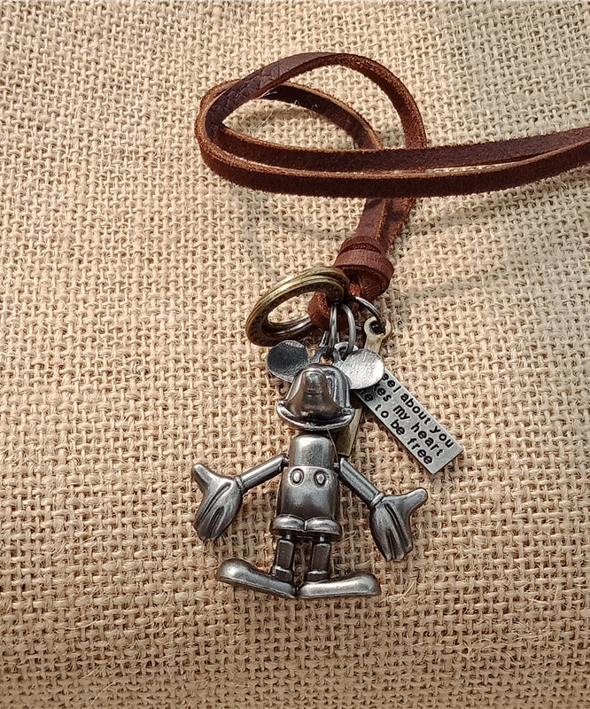 Grey Faux Leather Robot Pendant Necklace