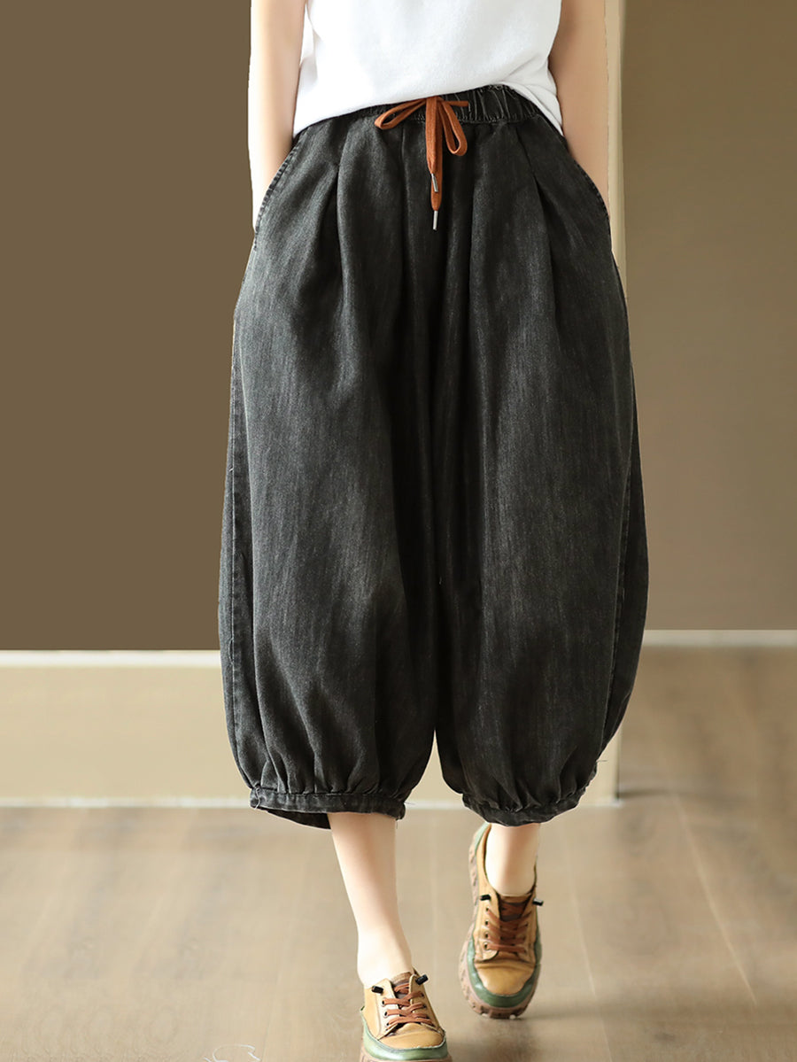Summer Drawstring Pocket Denim Harem Pants