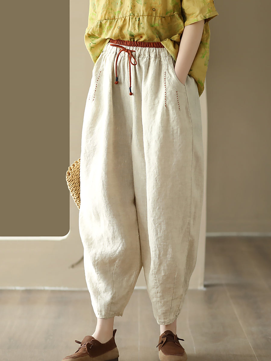 Drawstring Colorblock Waist Linen Pants