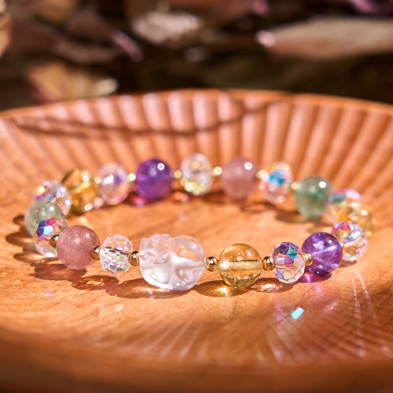 Buddha Stones Pixiu White Crystal Citrine Green Strawberry Quartz Amethyst Luck Bracelet