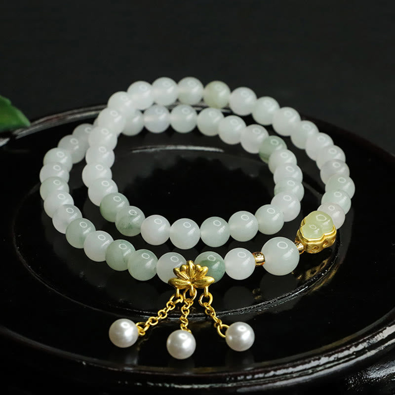 Buddha Stones Natural Tianshan Jade Lotus Gourd Double Circle Prosperity Bracelet