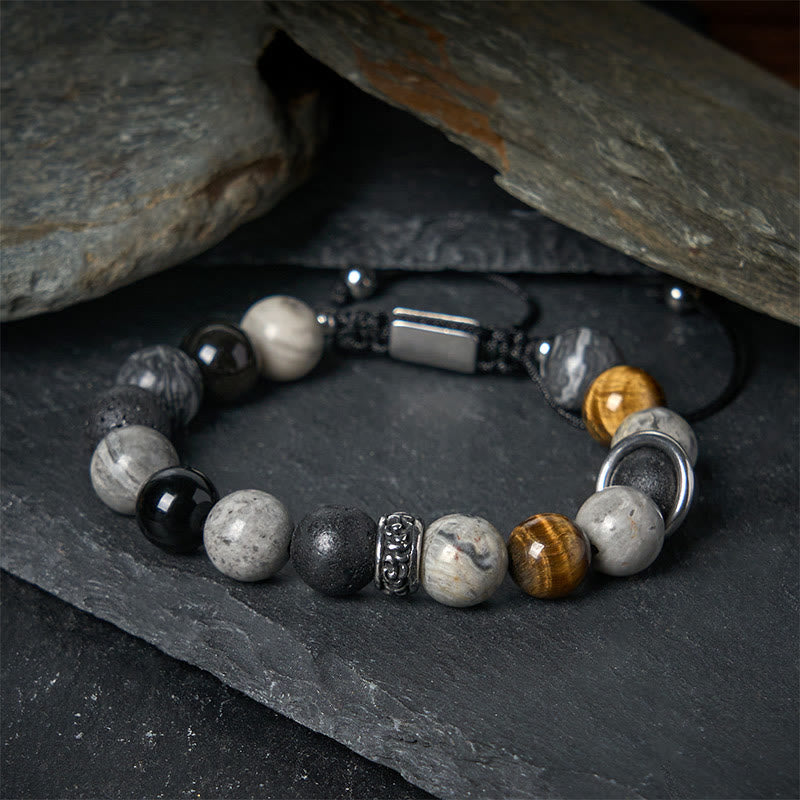 Buddha Stones Grey Jasper Lava Rock Silver Sheen Obsidian Tiger Eye Healing Bracelet