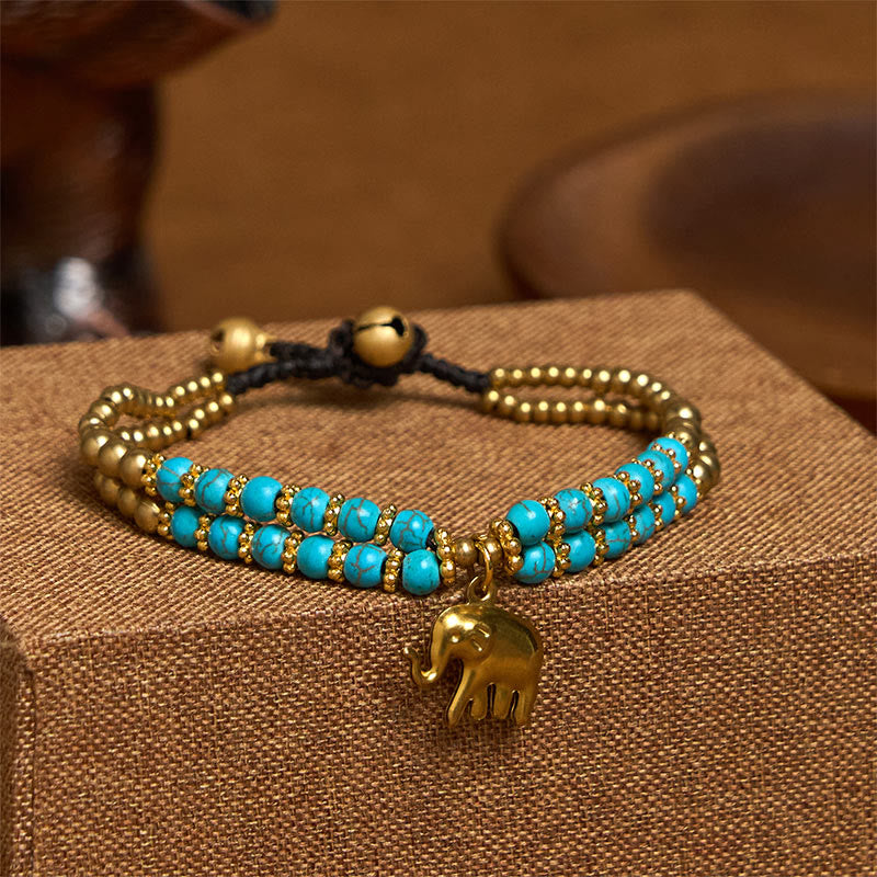 Buddha Stones Turquoise Elephant Luck Double-layer Plated Copper Strength Bracelet