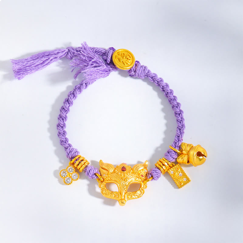 Buddha Stones 24k Gold Plated Brass Fox Bell Charm Fu Character Woven Purple String Luck Bracelet