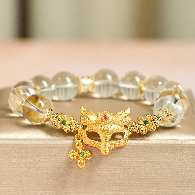 Buddha Stones Fox Cross Charm White Crystal Beaded Protection Bracelet