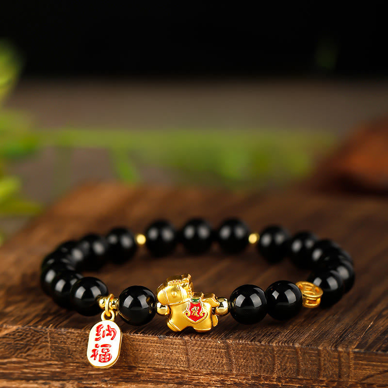 Buddha Stones Year of the Horse Black Obsidian Strength Bracelet