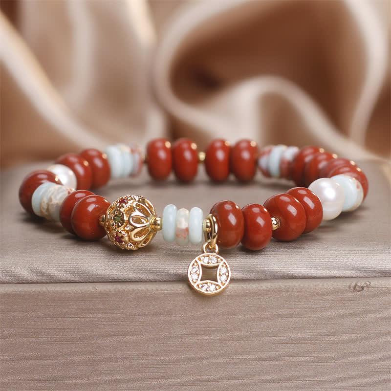 Buddha Stones Red Jasper Shoushan Stone Abacus Beads Copper Coin Protection Bracelet