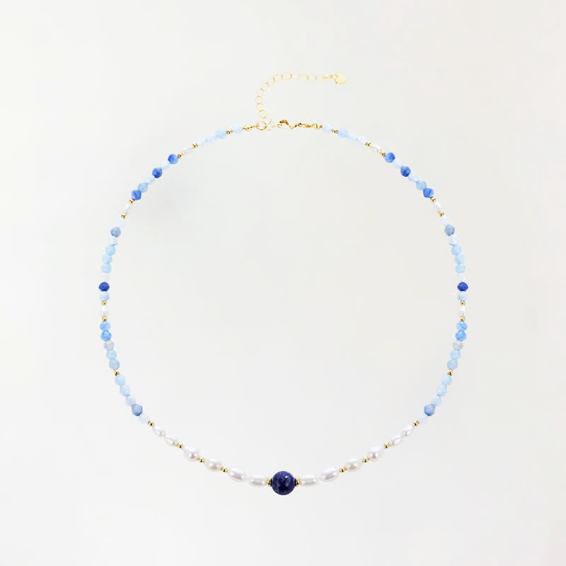 Buddha Stones Natural Blue Aventurine Lapis Lazuli Pearl Bead Concentration Necklace
