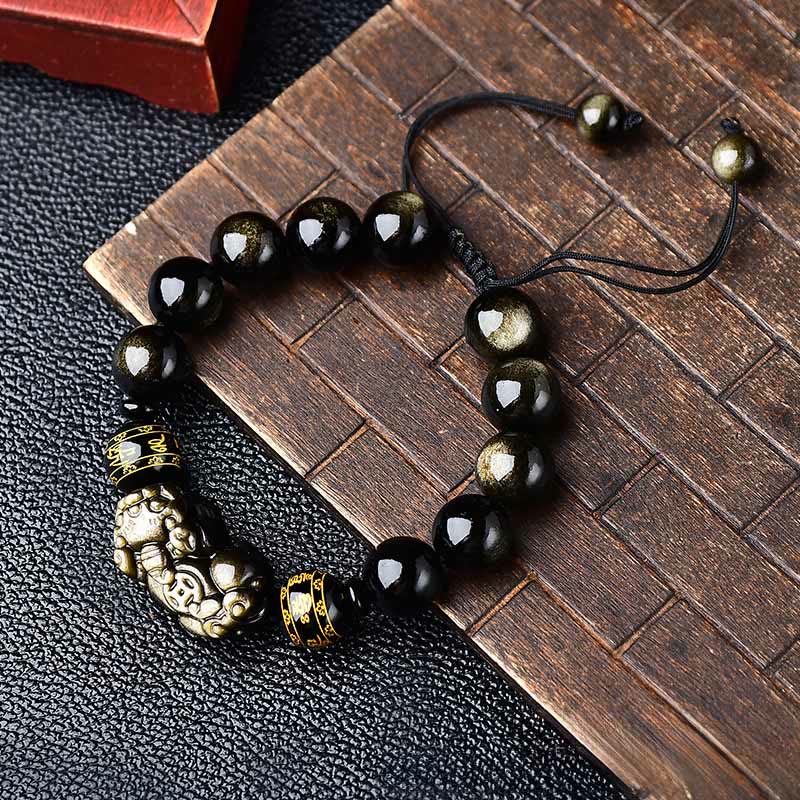 Buddha Stones Natural Gold Sheen Obsidian Pixiu Om Mani Padme Hum Protection Rope Bracelet
