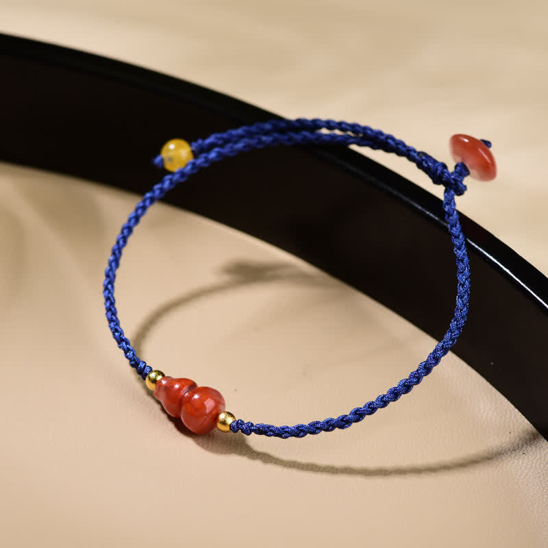 Buddha Stones South Red Agate Gourd Positive Hand-woven Blue String Bracelet