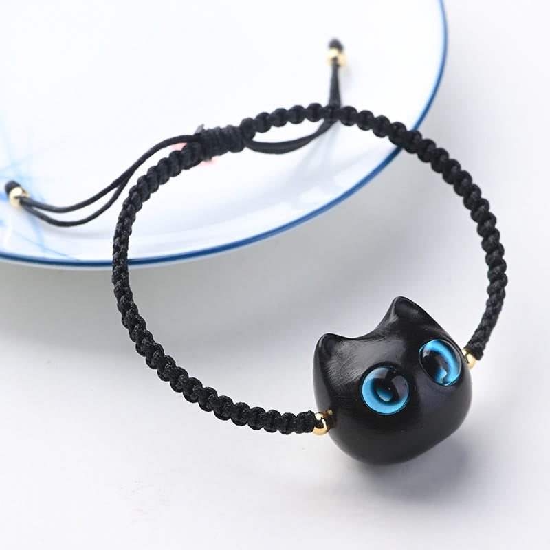 Buddha Stones Small Leaf Red Sandalwood Ebony Wood Cat Head Calm Protection Braided Bracelet