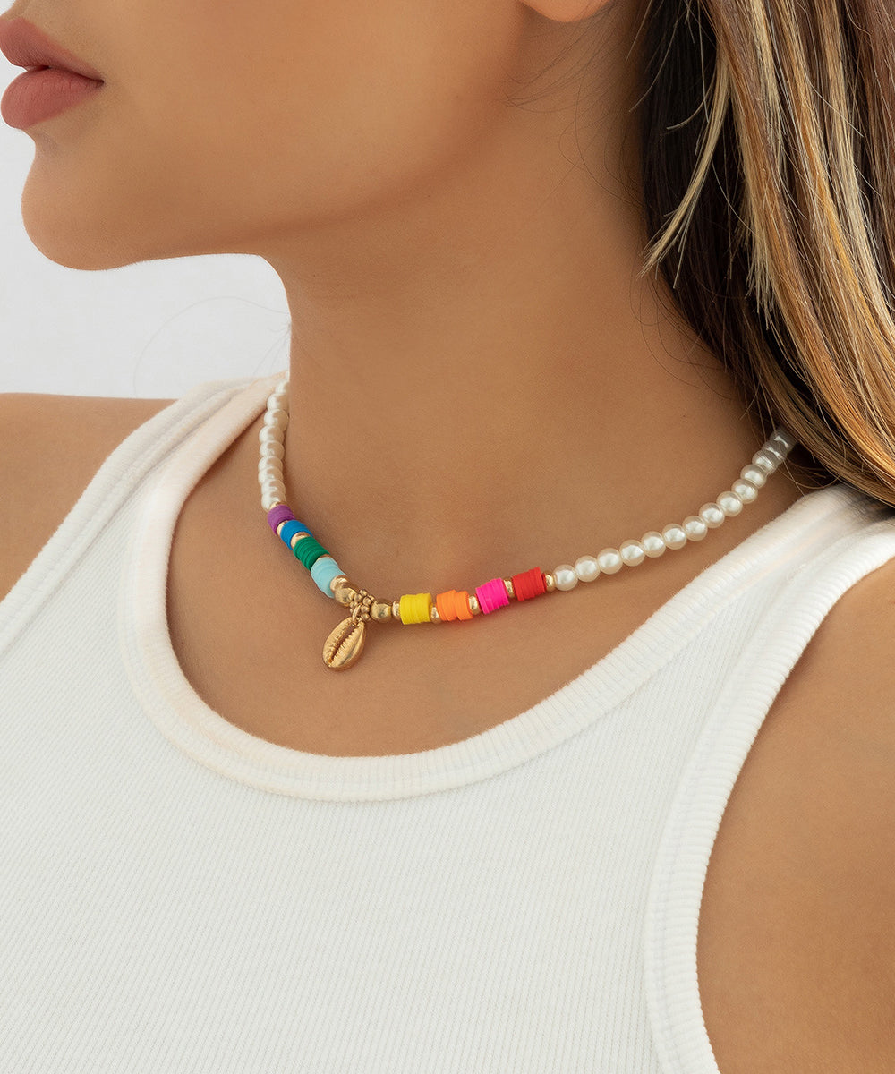 White Alloy Pearl Beading Shell Gratuated Bead Necklace