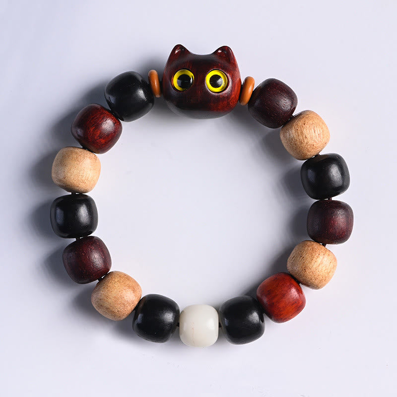Buddha Stones Small Leaf Red Sandalwood Ebony Wood Cat Engraved Protection Bracelet
