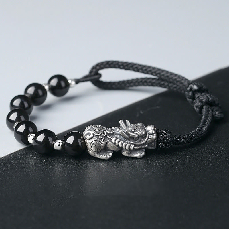 Buddha Stones 999 Sterling Silver Fengshui Pixiu Natural Black Obsidian 925 Sterling Silver Bead Strength Bracelet