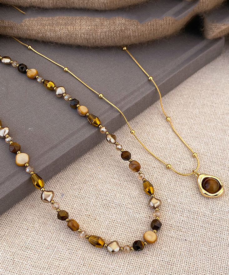 Gold Copper Overgild Tiger Eye Stone Beading Pendant Necklace Two Piece Set