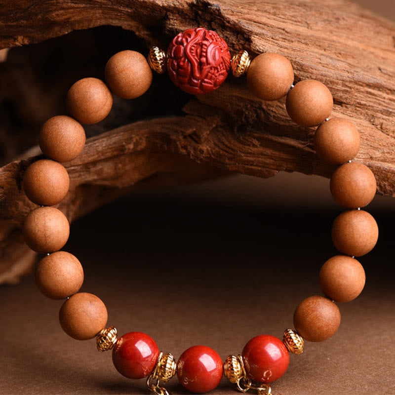 Buddha Stones Tibetan Natural Peach Wood Cinnabar Pixiu Wealth Tassels Bracelet