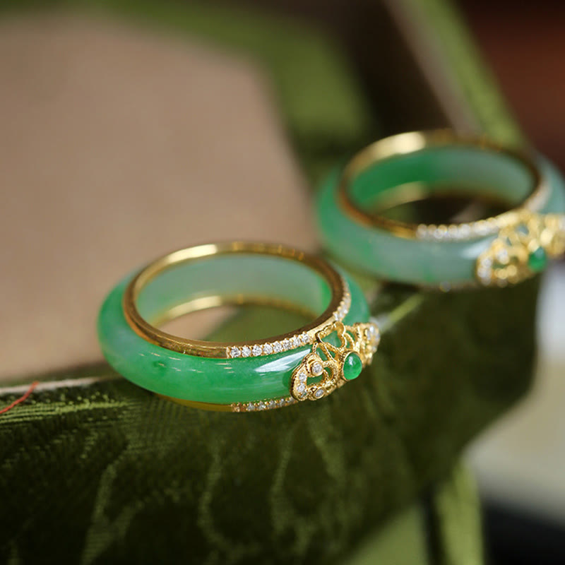 Buddha Stones 18k Gold Plated Natural Green Chalcedony Strength Ring