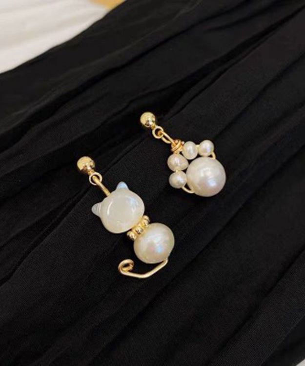 White Gold Copper Overgild Pearl Little Cats Asymmetric Drop Earrings Kx1021