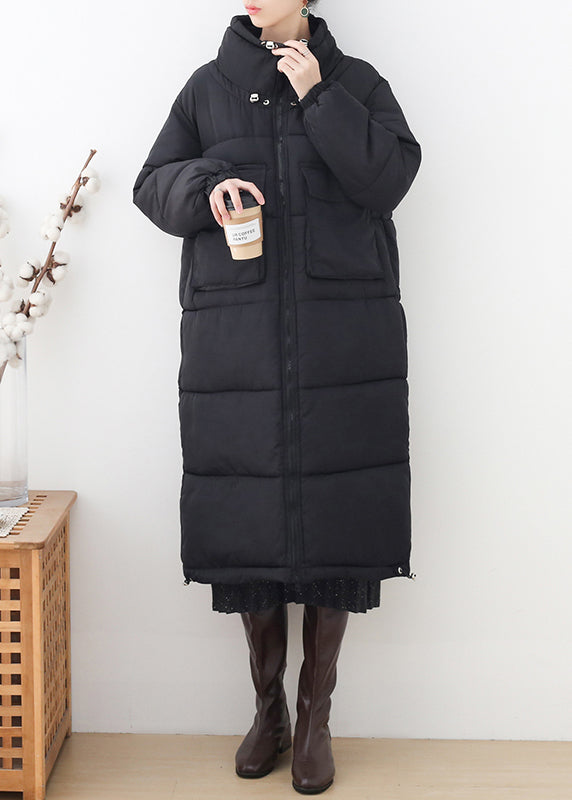 Black Pockets Drawstring Cotton Parka Long Sleeve