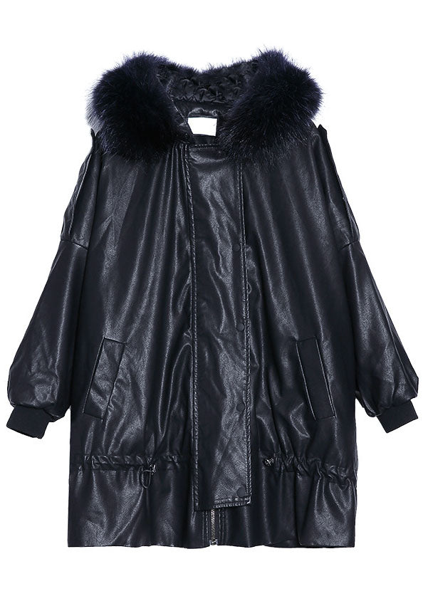 Black Hooded Fur Collar Warm Drawstring Winter Cotton Pu