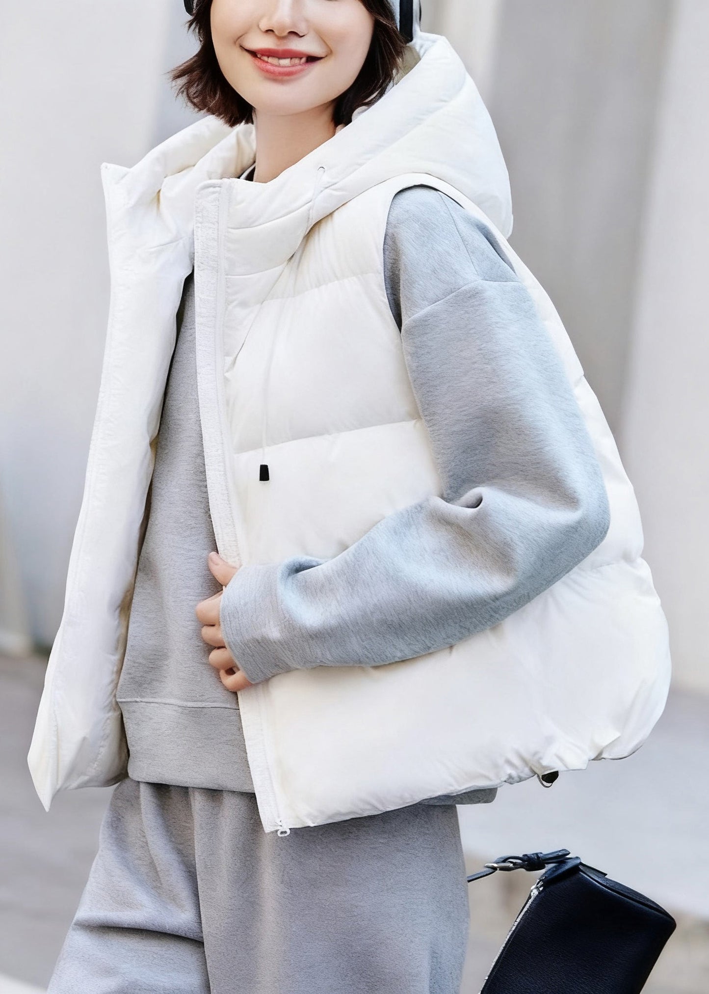 White Zip Up Pockets Drawstring Duck Down Waistcoat Winter
