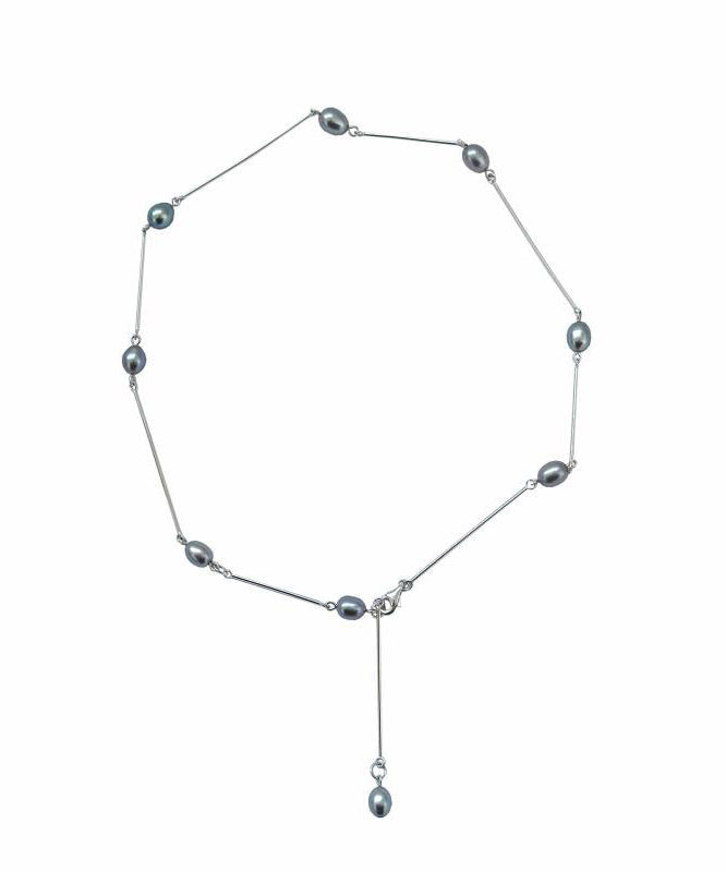 Silk Stainless Steel Pearl Lariat Necklace Qj015
