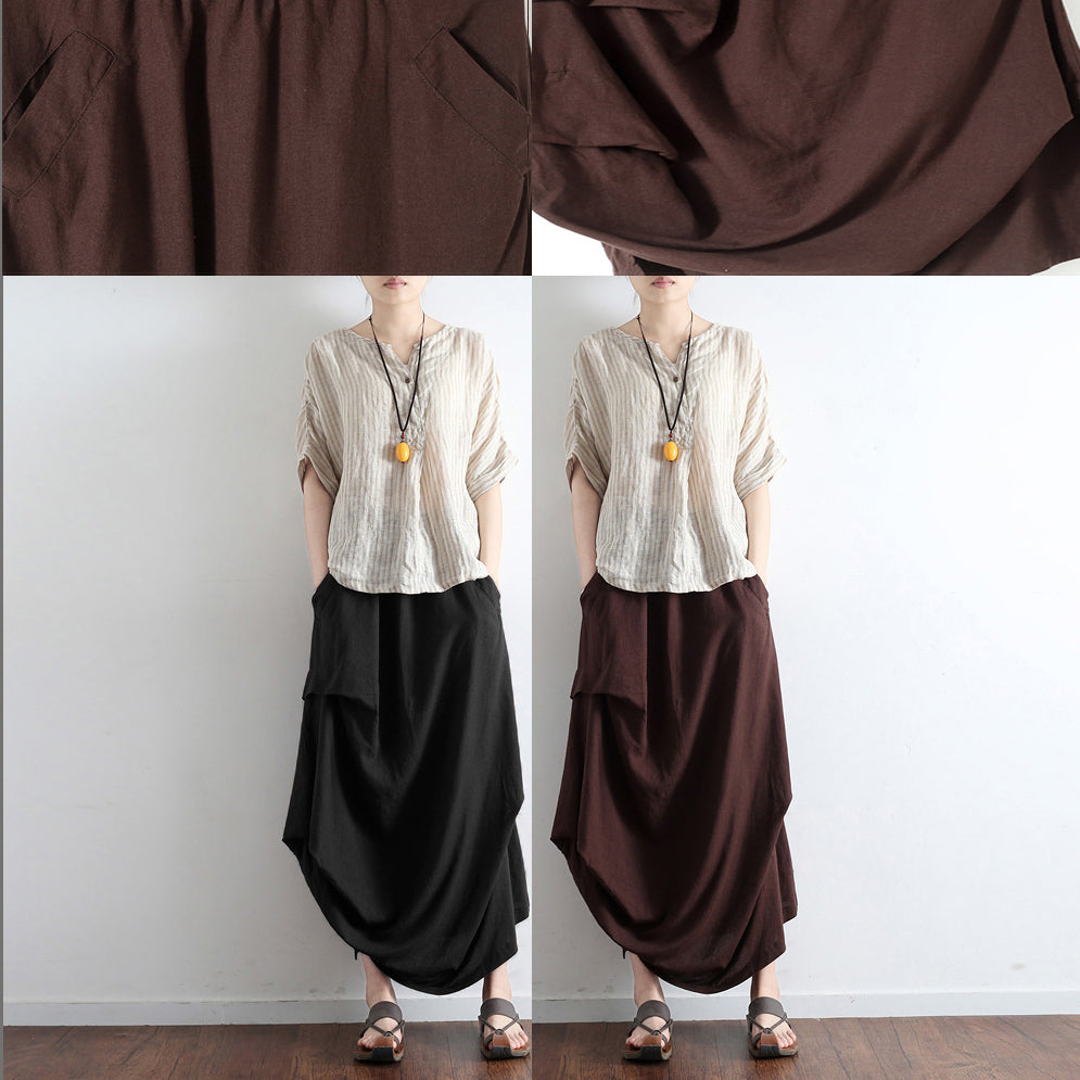 Chocolate Side Drawstring Linen Skirts Asymmetrical Oversized Cotton Skirt Outfit