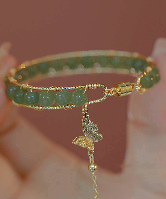Diy Green Copper Overgild Jade Butterfly Tassel Charm Bracelet Gh1018