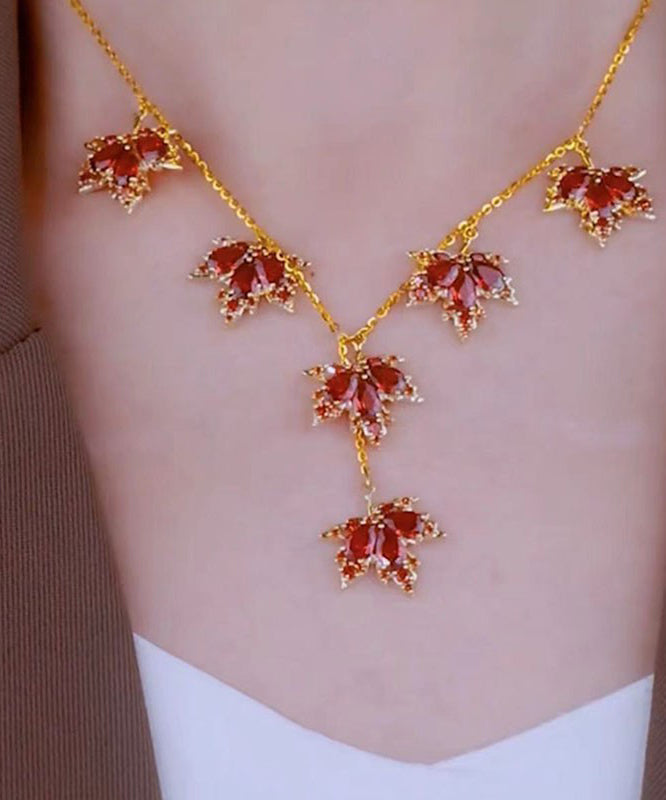 Red Copper Alloy Crystal Maple Leaves Pendant Necklace