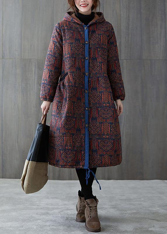 Burgundy Print Overcoat Warm Hooded Drawstring Winter Coats