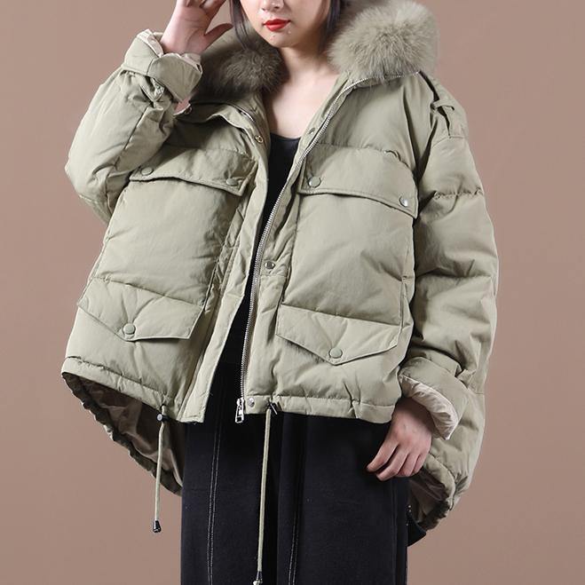 Green Duck Down Coat Clothing Down Jacket Faux Fur Collar Drawstring Overcoat