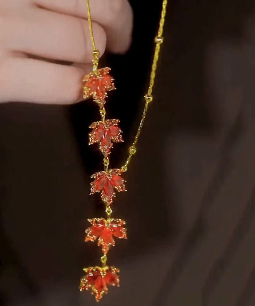 Red Sterling Silver Overgild Maple Leaf Pendant Necklace Ra031