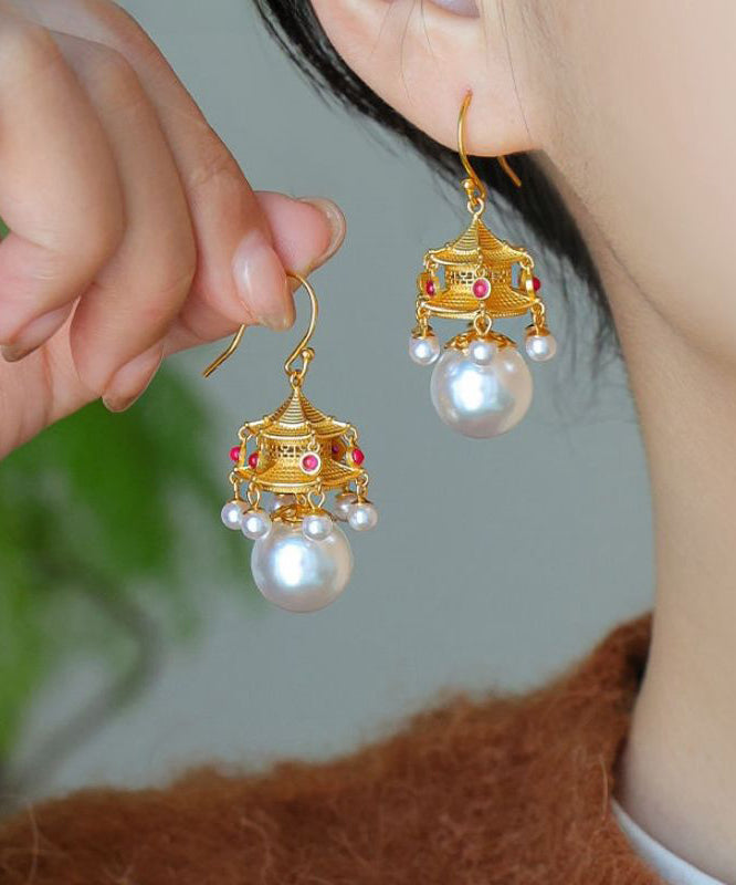 White Ancient Gold Pearl Agate Palace Lantern Drop Earrings Gh1083
