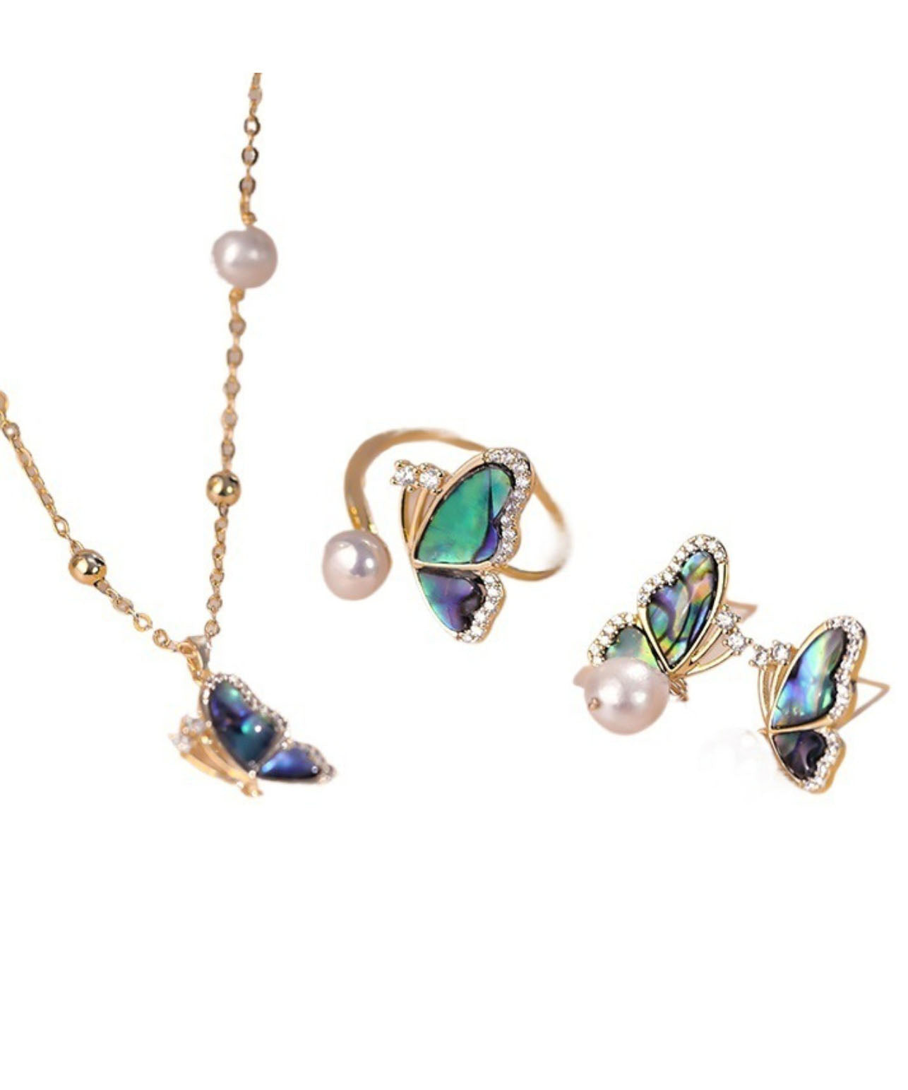 New Gold Copper Overgild Zircon Pearl Butterfly Pendant Necklace,rings and Drop Earrings Three-piece Set