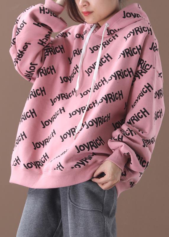 Organic Pink Alphabet Prints Cotton Crane Tops Drawstring Loose Hooded Shirt