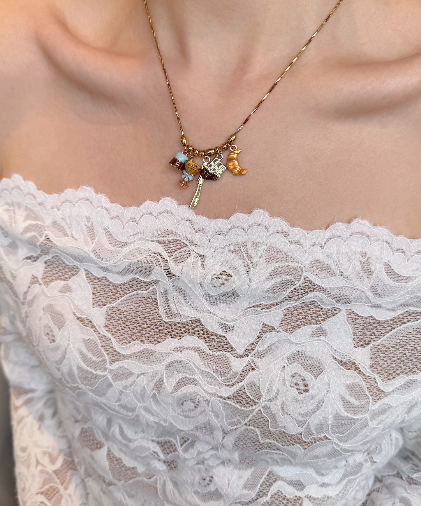 Original Design Gold Alloy Cake Croissant Pendant Necklace