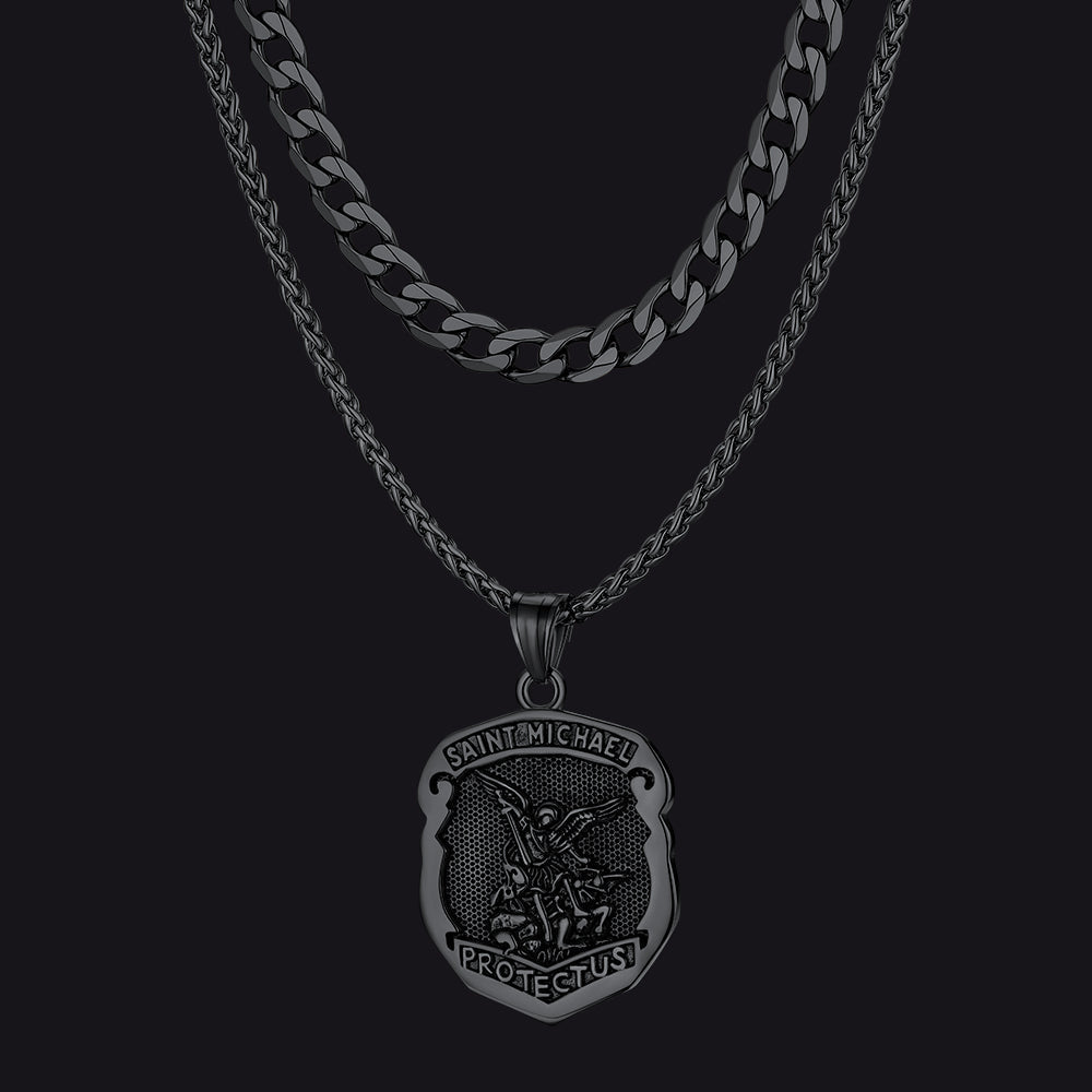 Cuban Chain & Saint Michael Necklace Layered Set for