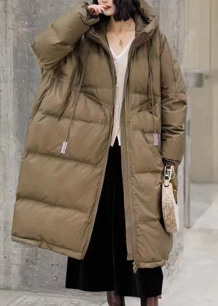 Green Drawstring Zippered Duck Down Long Down Coat Long Sleeve