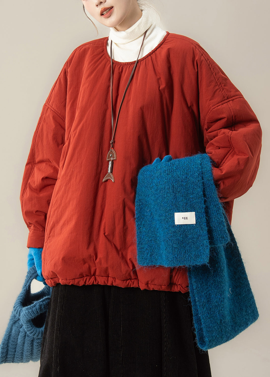 Red Button Drawstring Fine Cotton Filled Parka