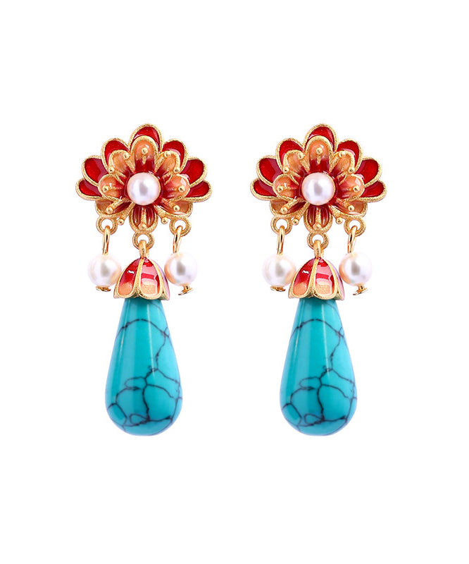 Retro Colorblock Ancient Gold Overgild Inlaid Pearl Enamel Drop Earrings