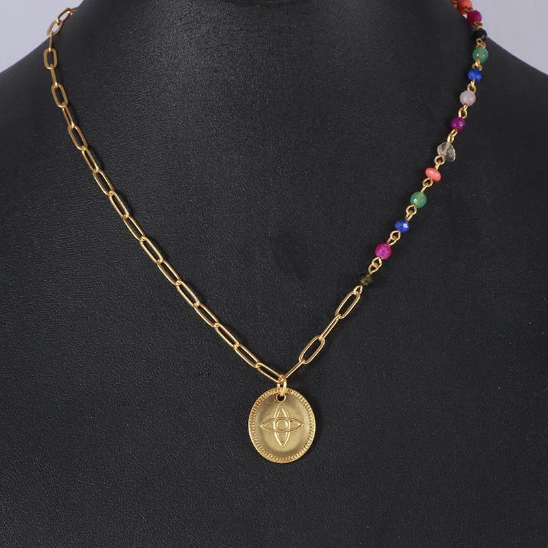 European and American Jewelry Retro Fashionable Metal Disc Flower Rainbow Beaded Chain Asymmetric Necklace