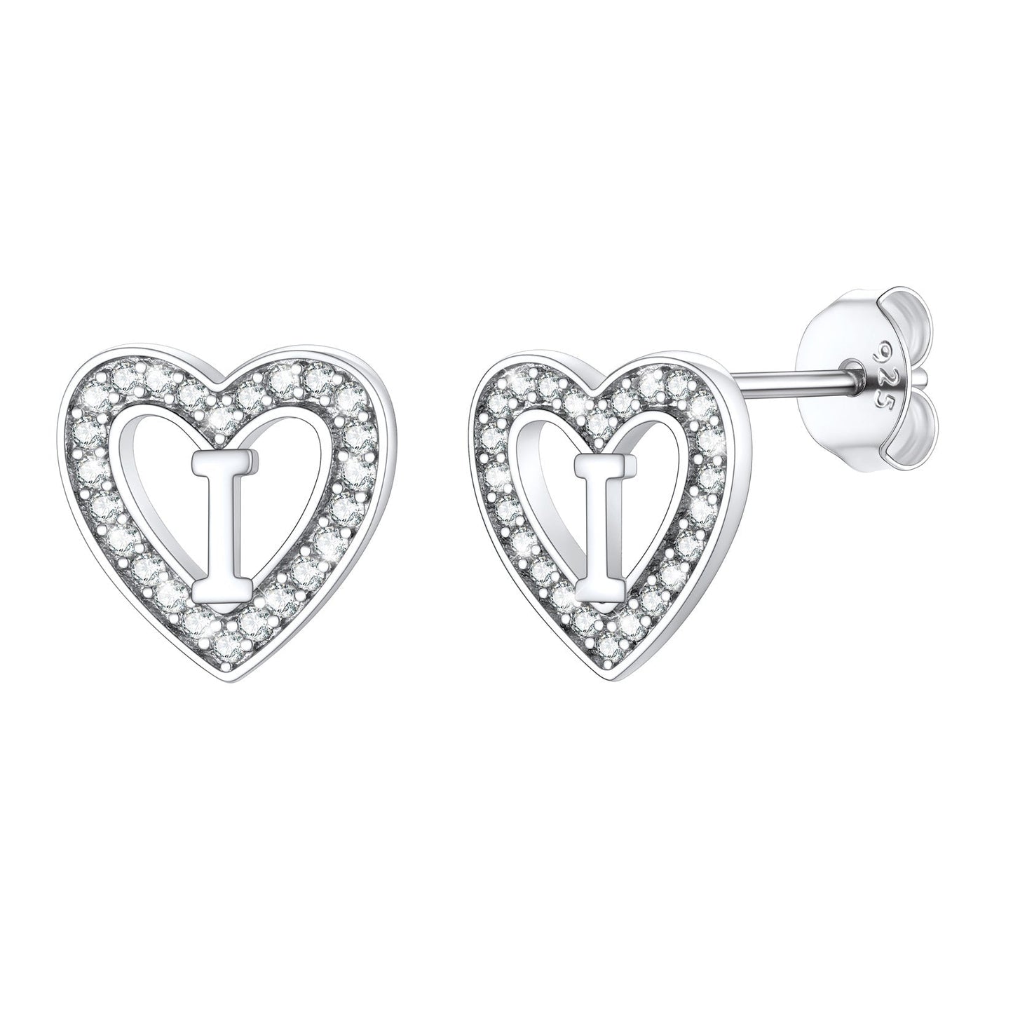 Silver Heart Initial Letter Stud Cubic Zirconia Earrings for Girl