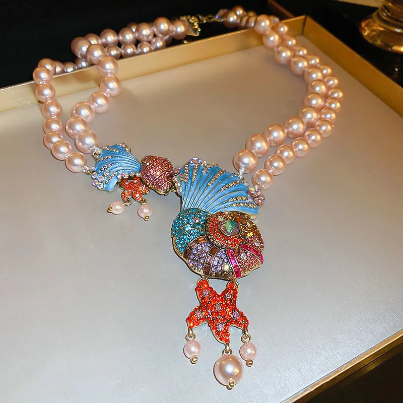 Rhinestone Shell & Starfish Double Pearl Necklace & Rhinestone Sea Shell & Ammonite Earrings Set