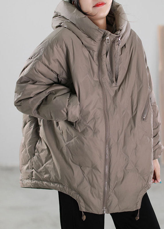 Simple Black Zip Up Drawstring Duck Down Down Coat Winter