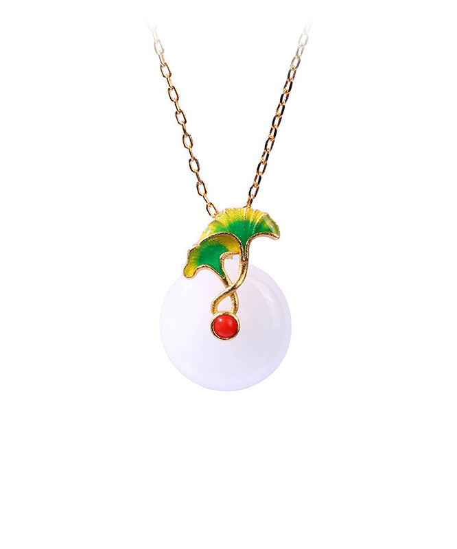 Simple White Sterling Silver Overgild Jade Ginkgo Leaf Ping Buckle Pendant Necklace Kx1076