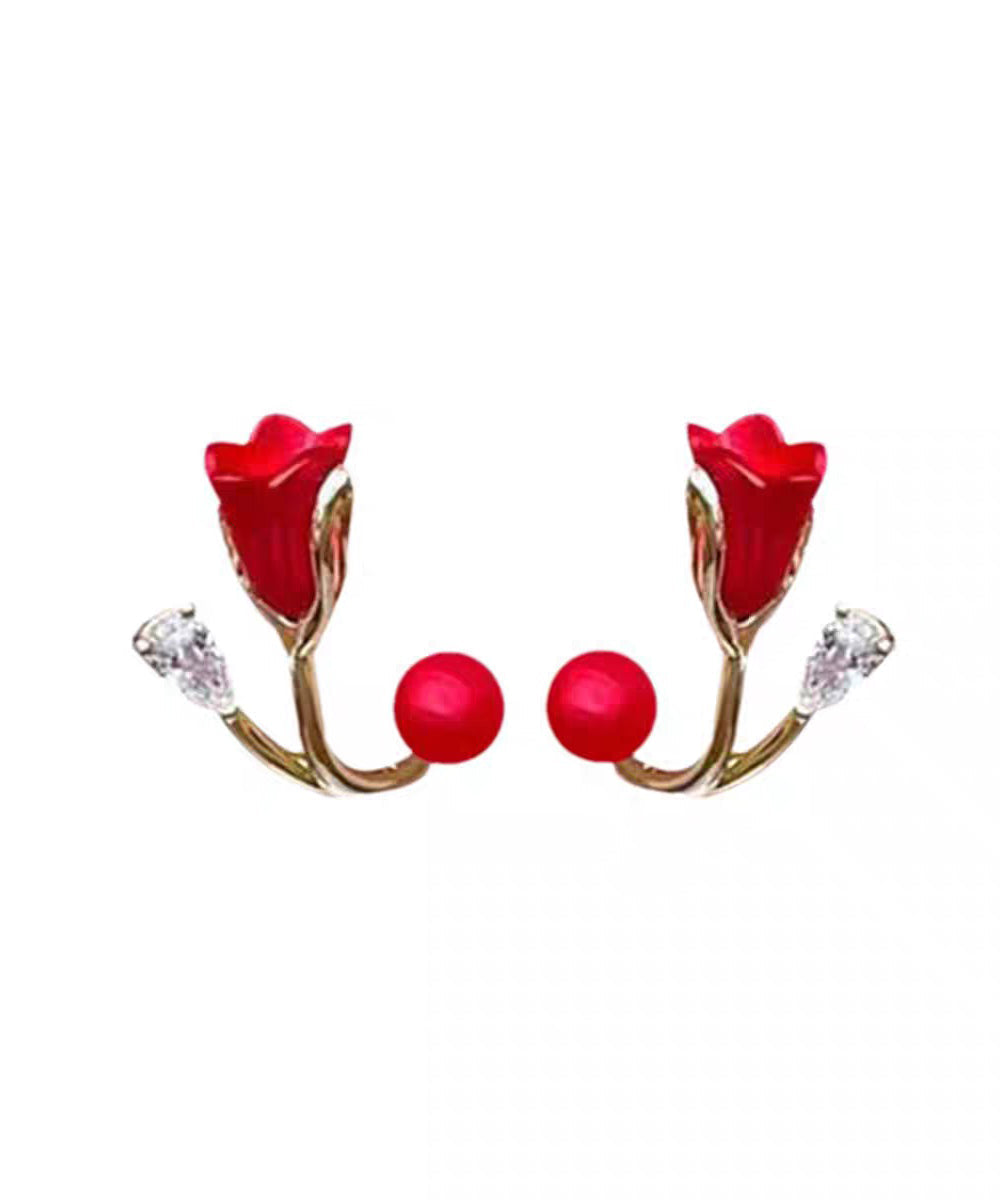 Vogue Red Alloy Zircon Dripping Glaze Pearl Stud Earrings