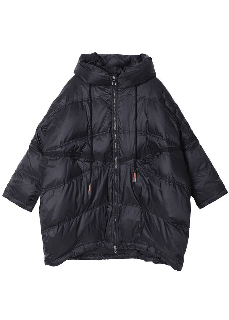 Black Hooded Drawstring Duck Down Jacket Winter