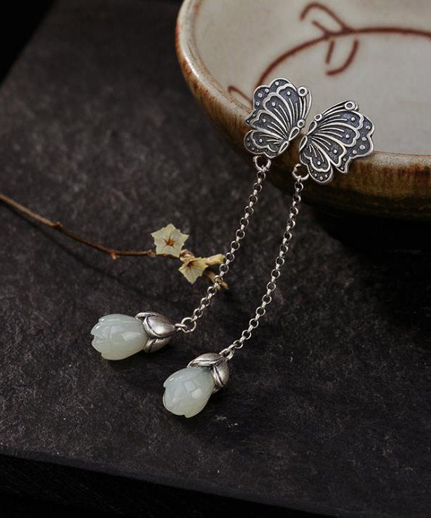 Sterling Silver Inlaid Jade Butterfly Drop Earrings