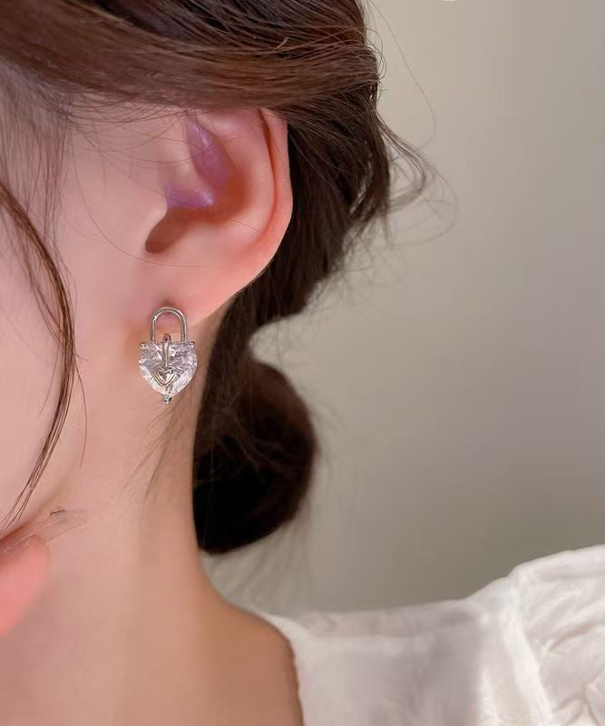 Copper Zircon Asymmetrical Little Bear Love Lock Stud Earrings